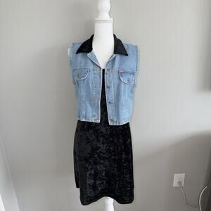 NWT Vintage 90s Tickets Clothing Western 2 Piece Crushed Velvet Dress Denim Vest